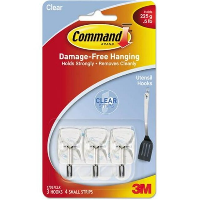 3M 17067CLRES Clear Hooks & Strips, Plastic Wire, Small - 3 Hooks & 4 Strips per Pack