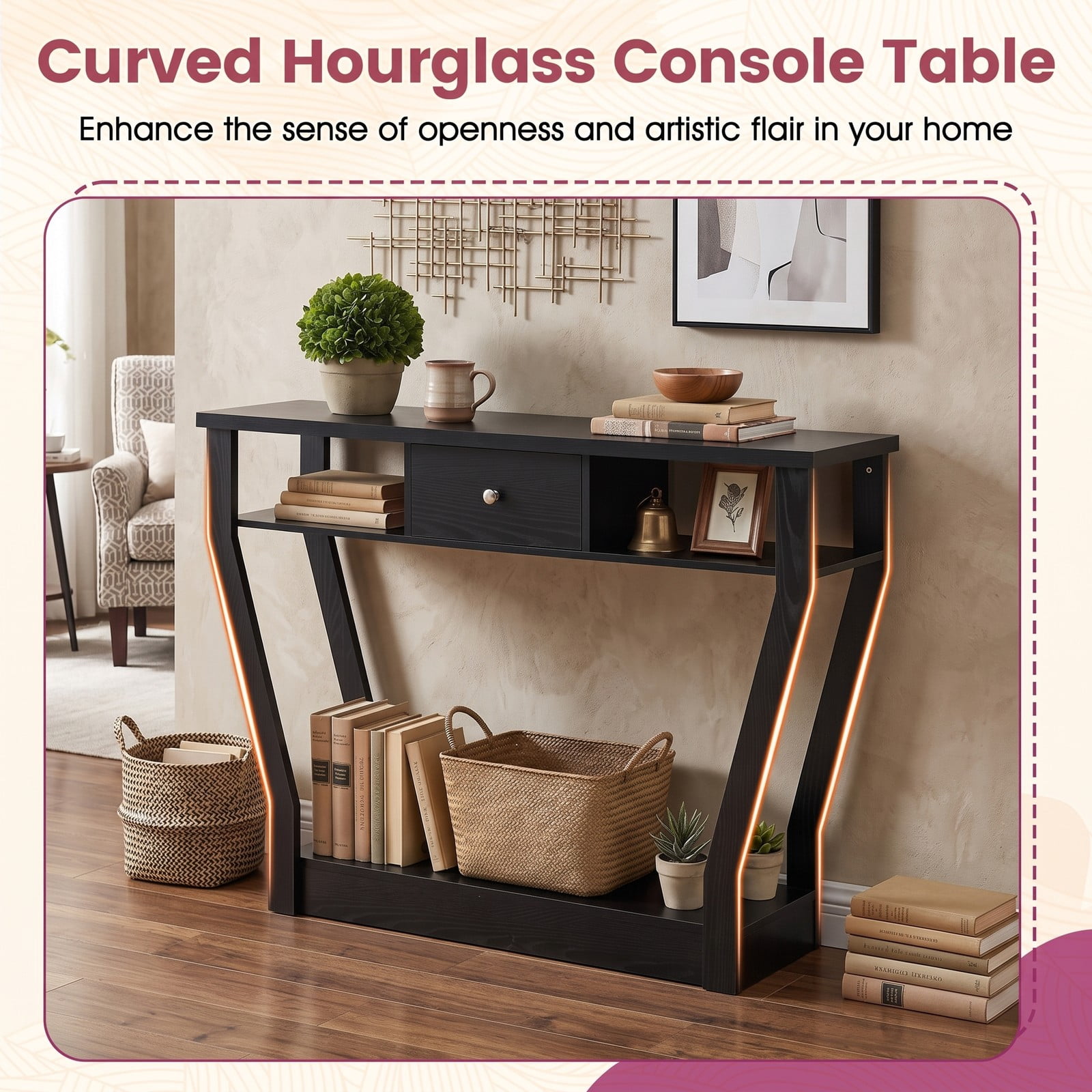 Furnibear Curved Frame Console Table with Storage Drawer and Open Shelves and Angled Legs for Entryway and Hallway, Black
