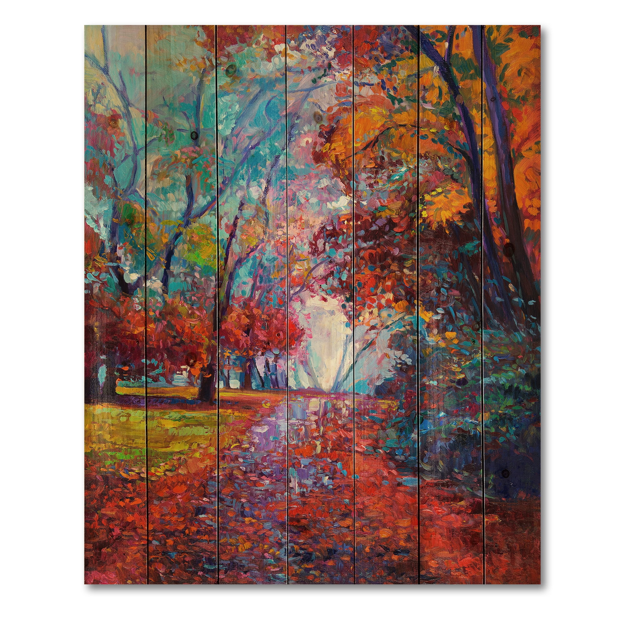 Designart 'Red Autumn Landscape With Little Road' Traditional Print on Natural Pine Wood