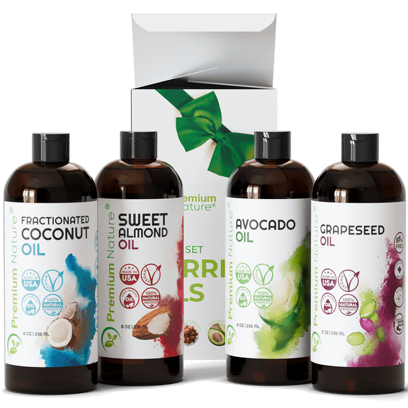 Carrier Oils Set - 4 Pack (8 fl oz Each) | Grapeseed Oil, Sweet Almond Oil, Avocado Oil & Fractionated Coconut Oil | Cosmetic Grade Oils for Skin, Hair, Massage & DIY Beauty