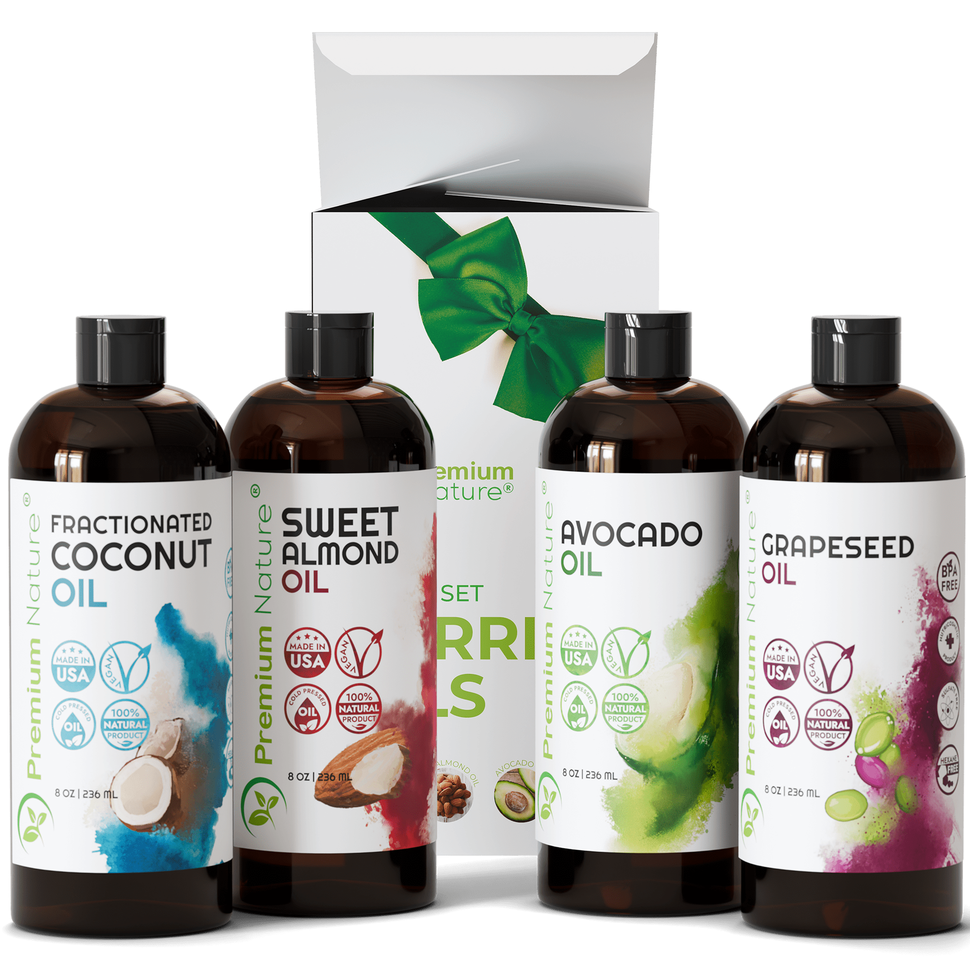 Carrier Oils Set - 4 Pack (8 fl oz Each) | Grapeseed Oil, Sweet Almond Oil, Avocado Oil & Fractionated Coconut Oil | Cosmetic Grade Oils for Skin, Hair, Massage & DIY Beauty