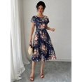 thumbnail image 2 of Navy Blue Floral Pleated Midi Dress With Short Sleeve Crew Neck And Tie Waist, 2 of 6