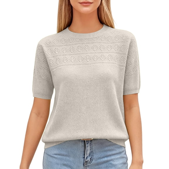 Short Sleeve Sweater for Women Work Tops Business Casual Tops Crochet Tops Sweater Shirt Travel Outfits Lightweight Sweater Women's Tops, Tees & Blouses Professional Tops Spring Summer Tops Beige L