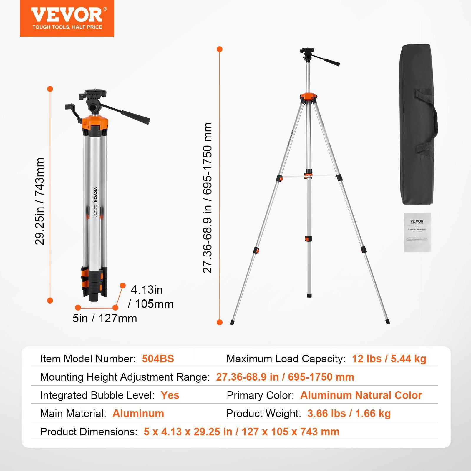 67 Inch Laser Level Tripod Stand, Heavy Duty Aluminum with ¼"-20 Thread Mount, Height Adjustable from 27" to 68" for Construction, Picture Hanging, Photograhy