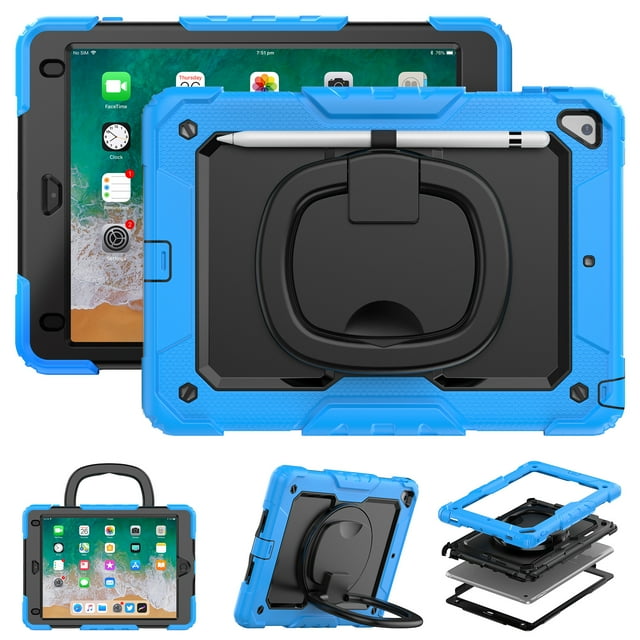 for iPad 6th/5th Generation Case 9.7 inch 2018/2017, 360 Rotating Shockproof Cover with Stand, Handle, Shoulder Strap, Sky Blue