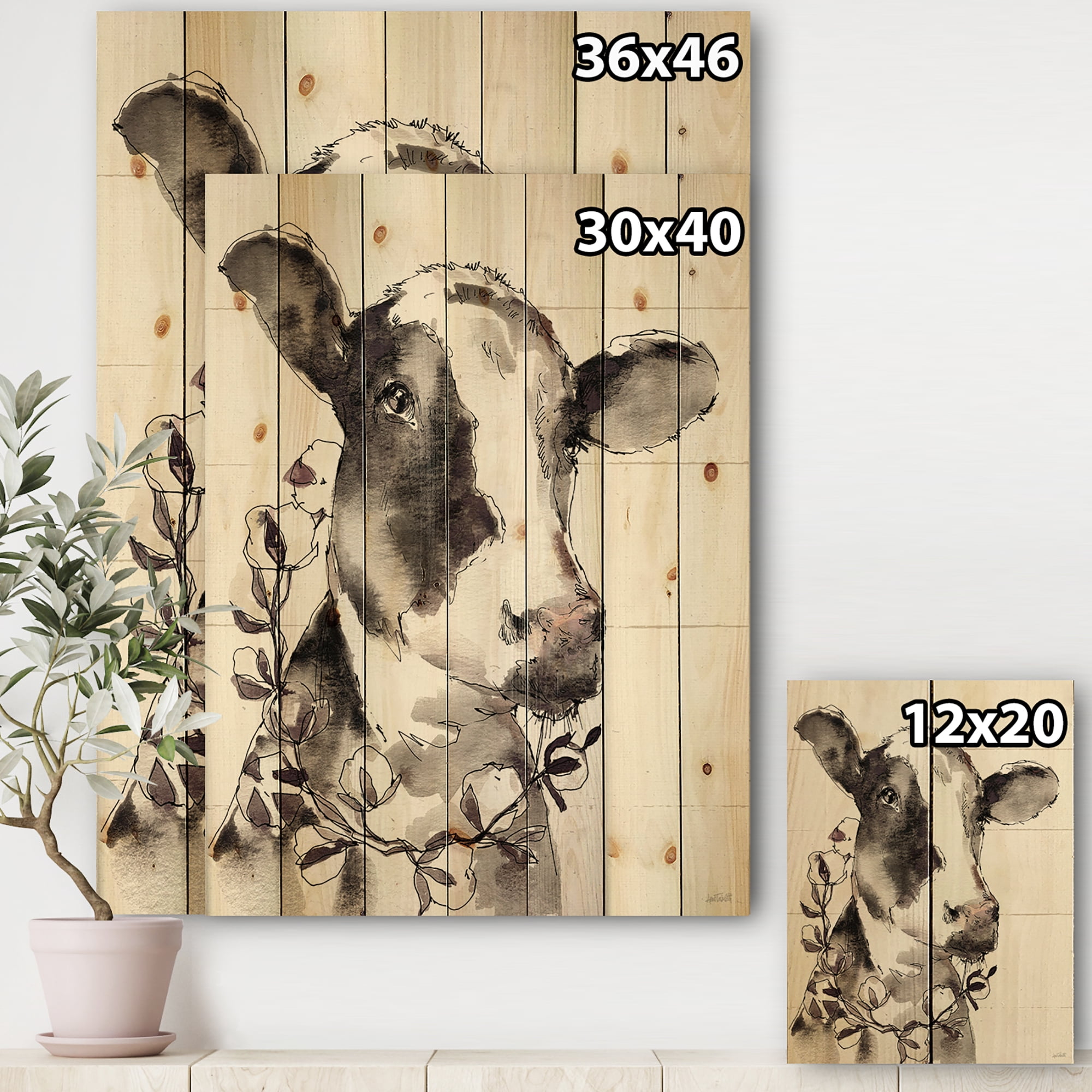 Designart 'Monochrome Cow Portrait Country Life' Wildlife Print on Natural Pine Wood