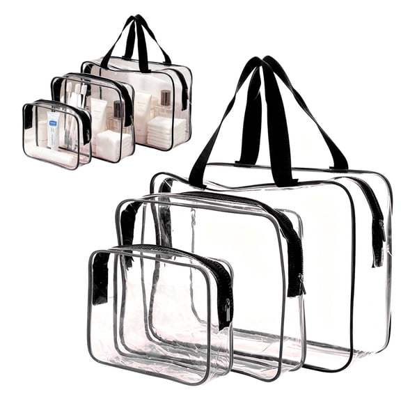 Transparent Makeup Bag Set 3-Piece, Large Capacity Zipper Storage Bags for Toiletries & Travel, Wat-erproof Organizer, Black