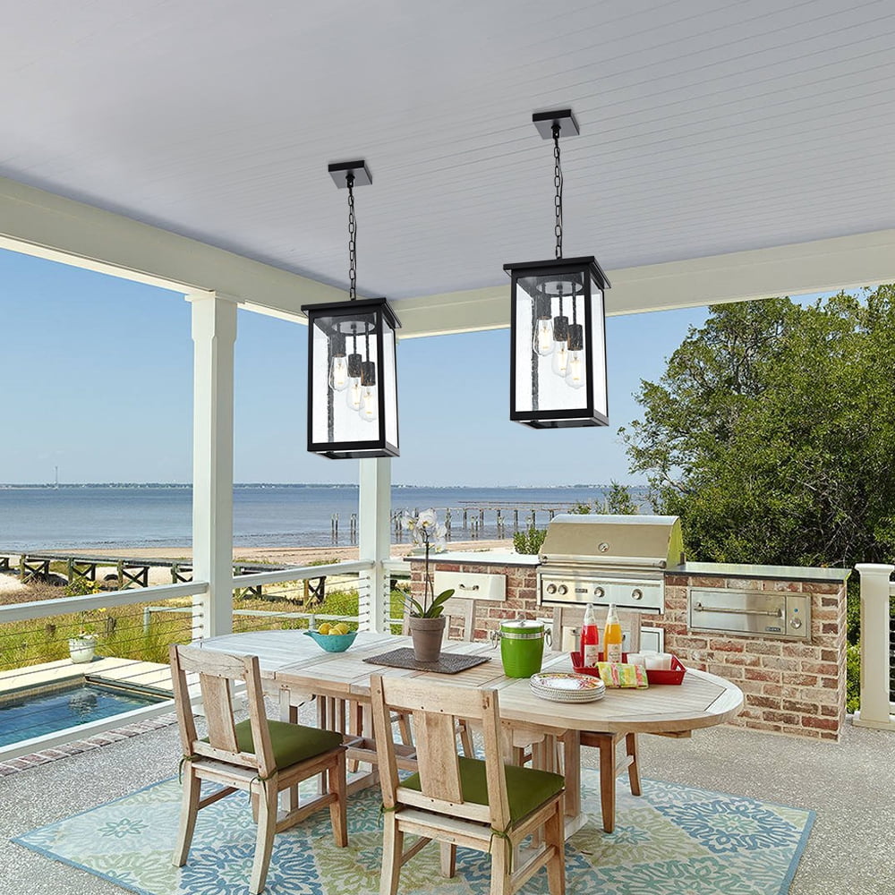Melucee Outdoor Pendant Light Fixtures, 3-Lights Exterior Hanging Lantern, Black Large Outdoor Hanging Porch Light with Seeded Glass Shade