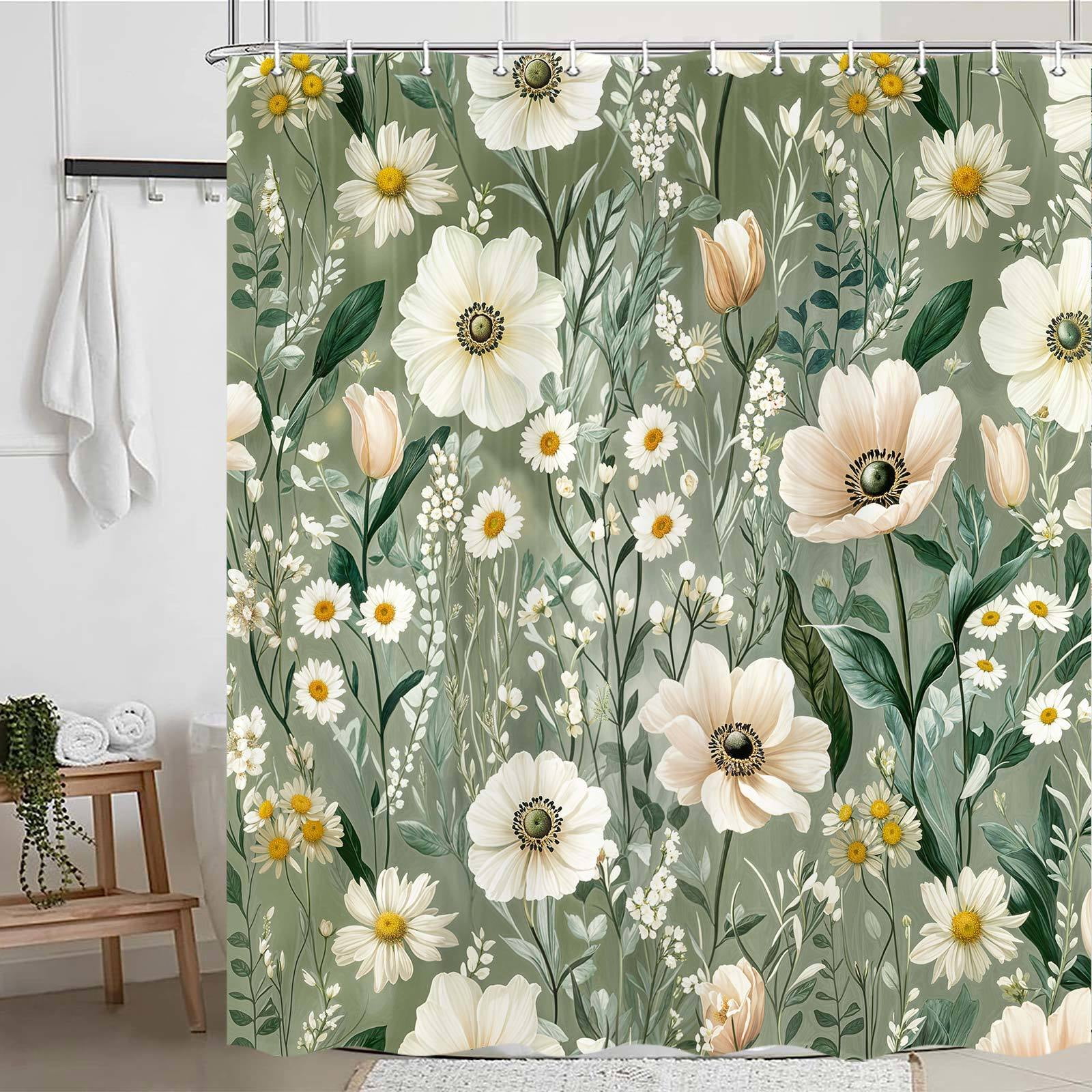 Boho Green Floral Shower Curtain for Bathroom, Modern Farmhouse Flower Leaves Plant Botanical Aesthetic Shower Curtain Set, Spring Summer Chic Wildflower Bathtub Curtain Decor with Hooks, 69X70IN