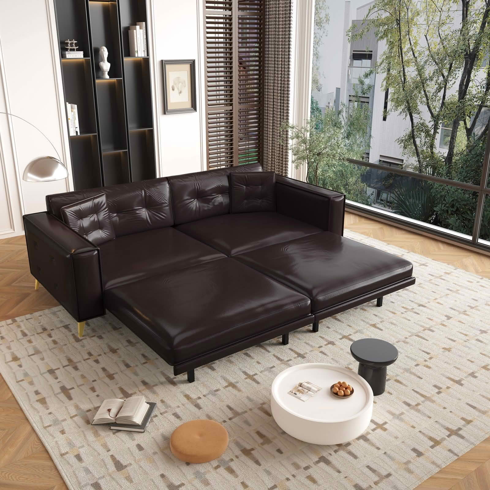 MAYEERTY 92.1" King Size Pull‑Out Sofa Bed, 3‑in‑1 Faux Leather Convertible Sleeper Sofa, Tufted 4‑Seater Couch with Wide Armrests, 2 Pillows Included