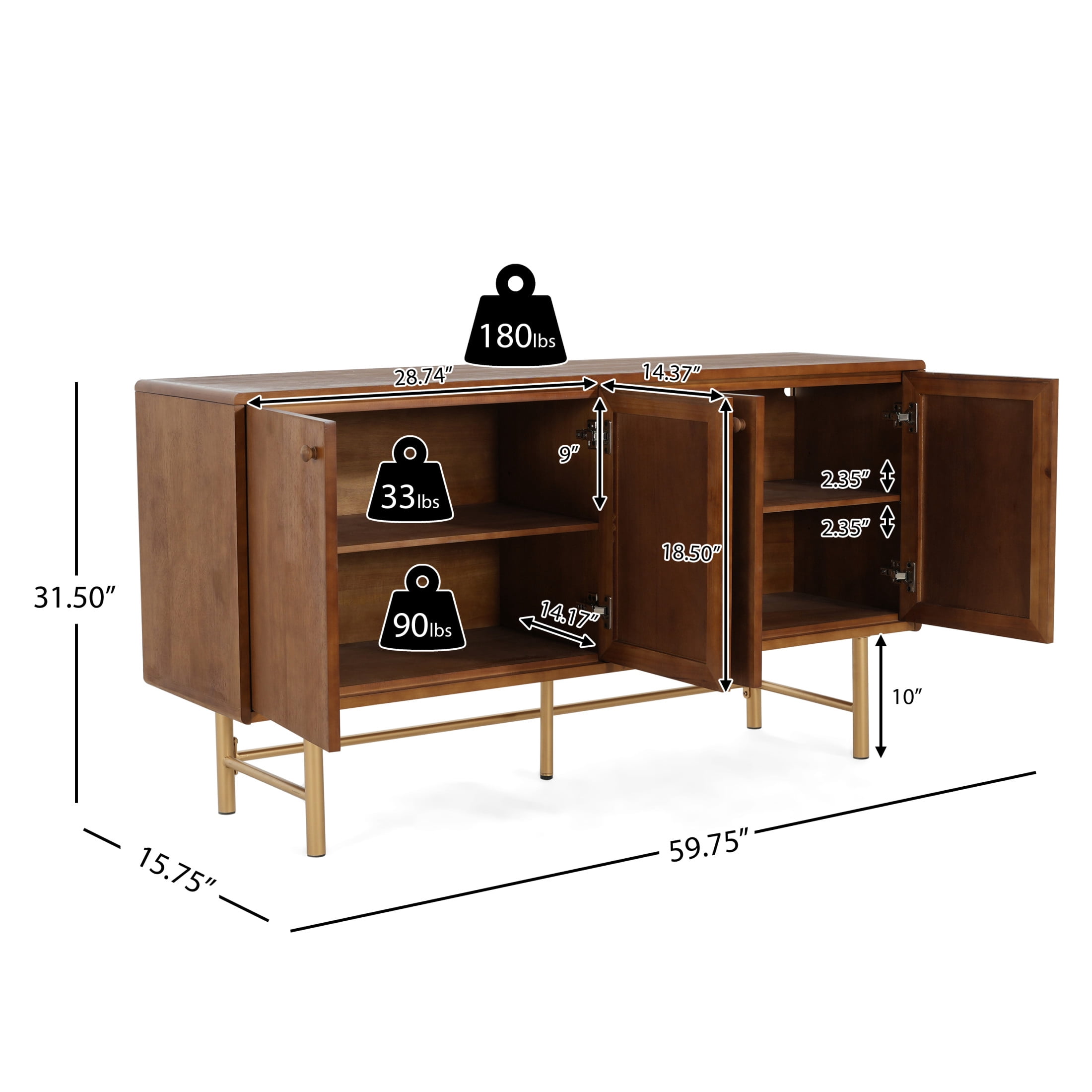 Christopher Knight Home Modern Scandinavian 4-Door Sideboard, Storage Cabinet with Adjustable Shelves, Brown