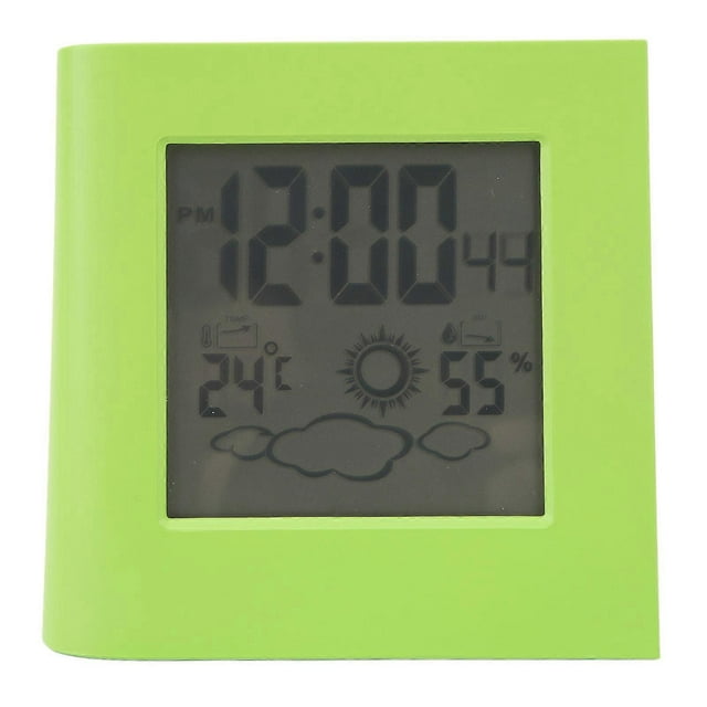 Dual Power Solar Battery Alarm Clock, Weather Forecast, Temperature, Humidity, Green