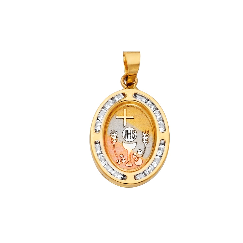 14K Yellow Gold Holy Communion Confirmacion Religious Charm Pendant with 0.8mm Box Chain Necklace