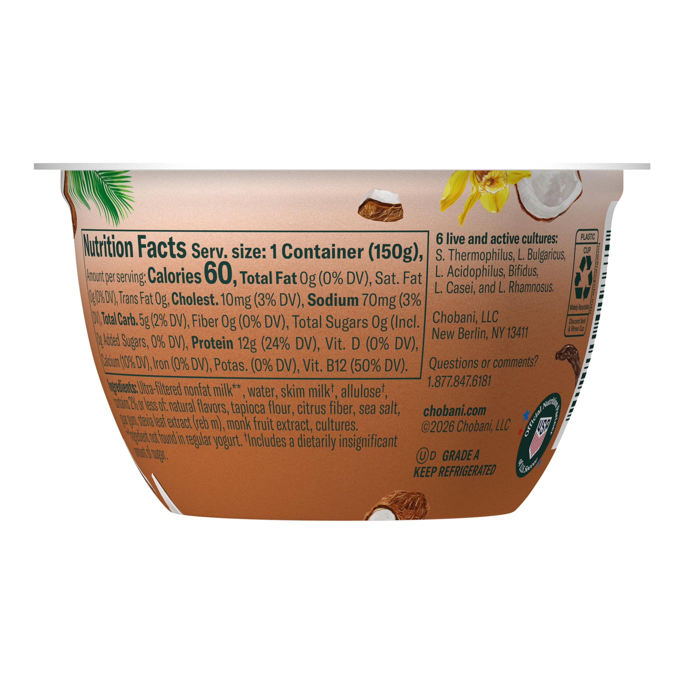Chobani Zero Sugar Non-Fat Greek Yogurt Toasted Coconut Vanilla 5.3 oz Cup