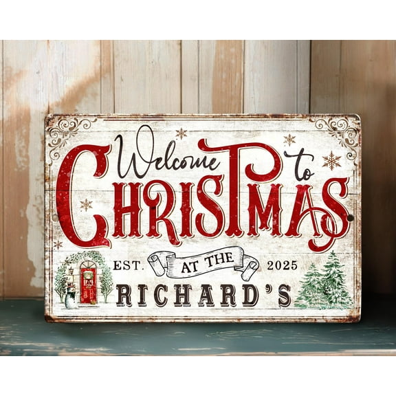 YaHaku Christmas Decor Sign Personalized Custom Family Name Sign, Welcome to Christmas Metal Sign, Rustic Christmas Wall Decor,