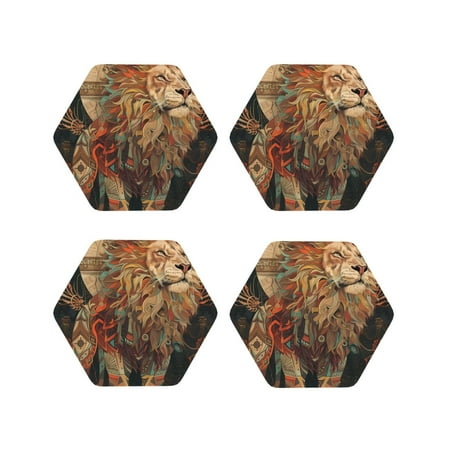 

Lukts Majestic Cosmic Lion Print Leather Drinks Coasters Set of 4 Suitable or Drinks Furniture Protection and Easy Clean up-Hexagon