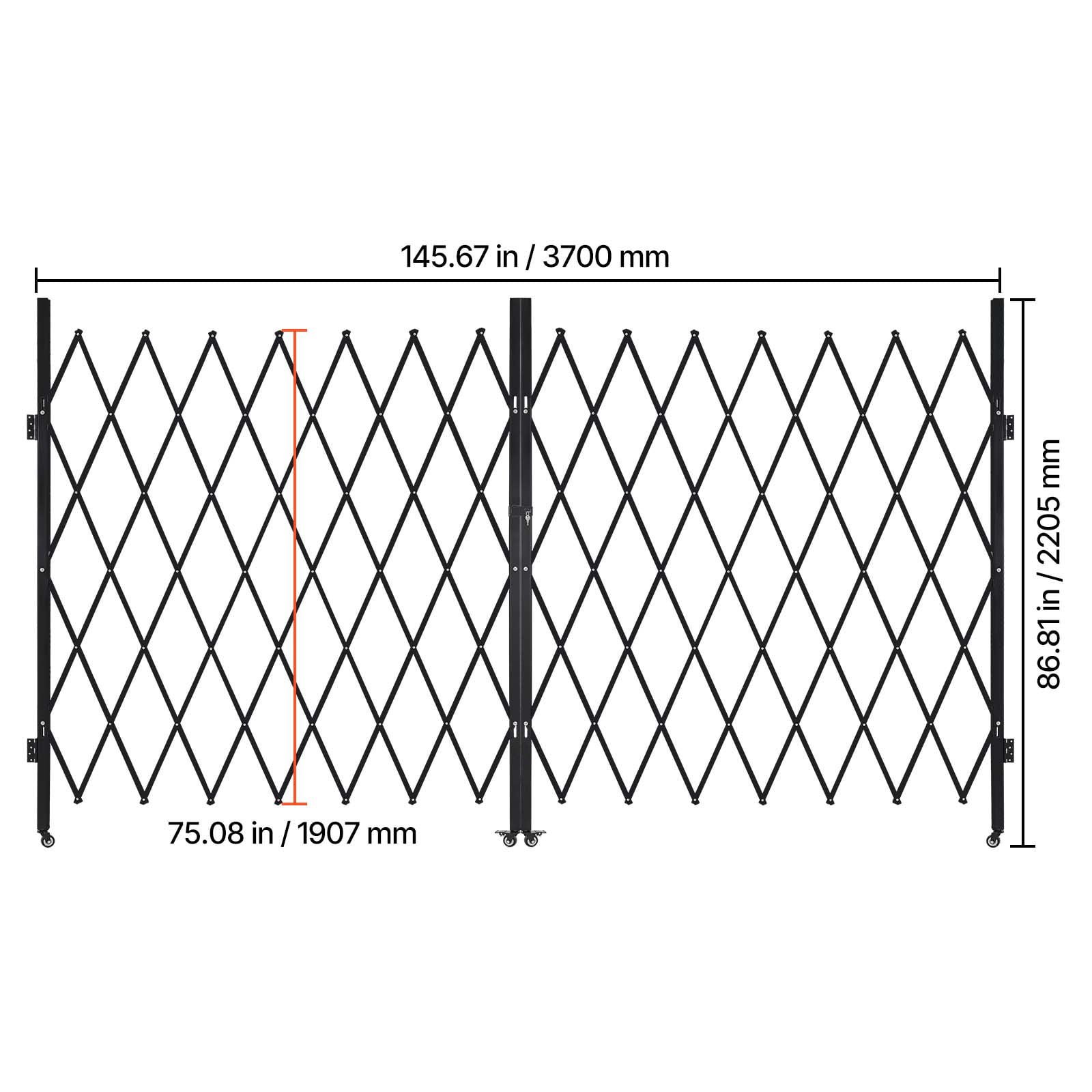 KFFKFF Double Folding Security Gate, Lockable Scissor Gate with Swivel Casters, Steel Retractable Barrier for Entry, Garage, Warehouse, and Pool, 145.67 x 86.81 in (W x H)
