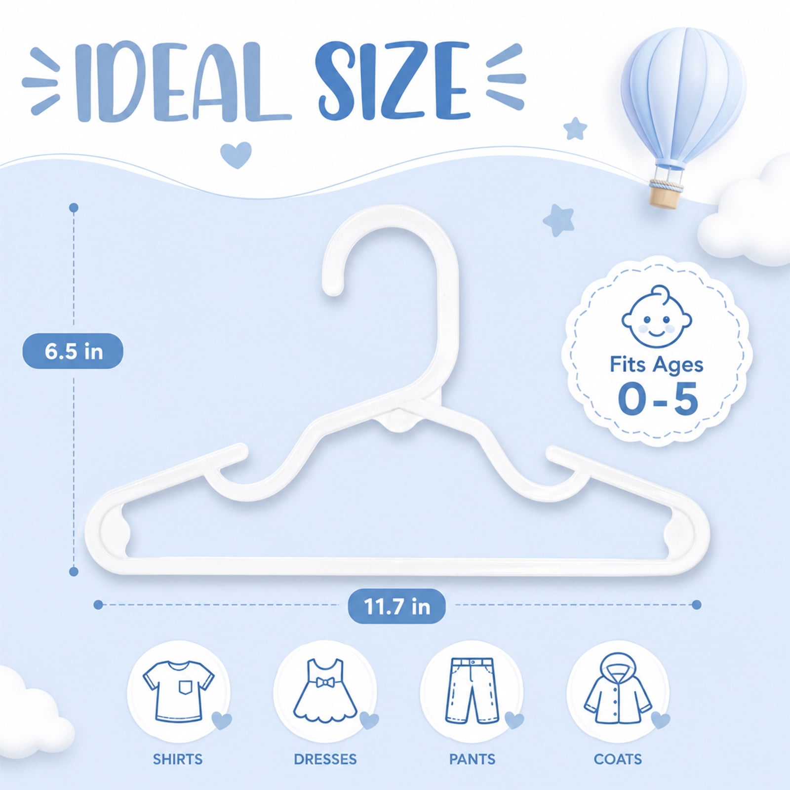 Cozymood Baby Hangers 60 Pack, Kids Plastic Hangers for Nursery Closet, Space Saving Toddler Hangers for Infant & Child Clothes, Baby Clothes Hangers for Shirts, Pants, Coats, White