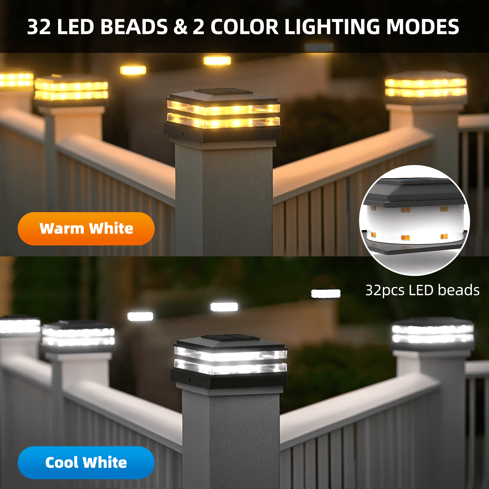 [10 Pack] 4x4 Solar Post Cap Lights Outdoor Waterproof Fence Deck Post Lights with High-Brightness LEDs, Dual Light Modes Warm & Cool White. (Black,10)