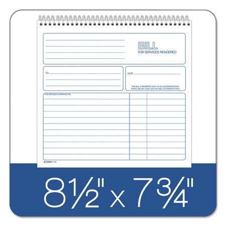 1PC TOPS Bill for Services Rendered Book, Two-Part Carbonless, 8.5 x 7.75, 50 Forms Total