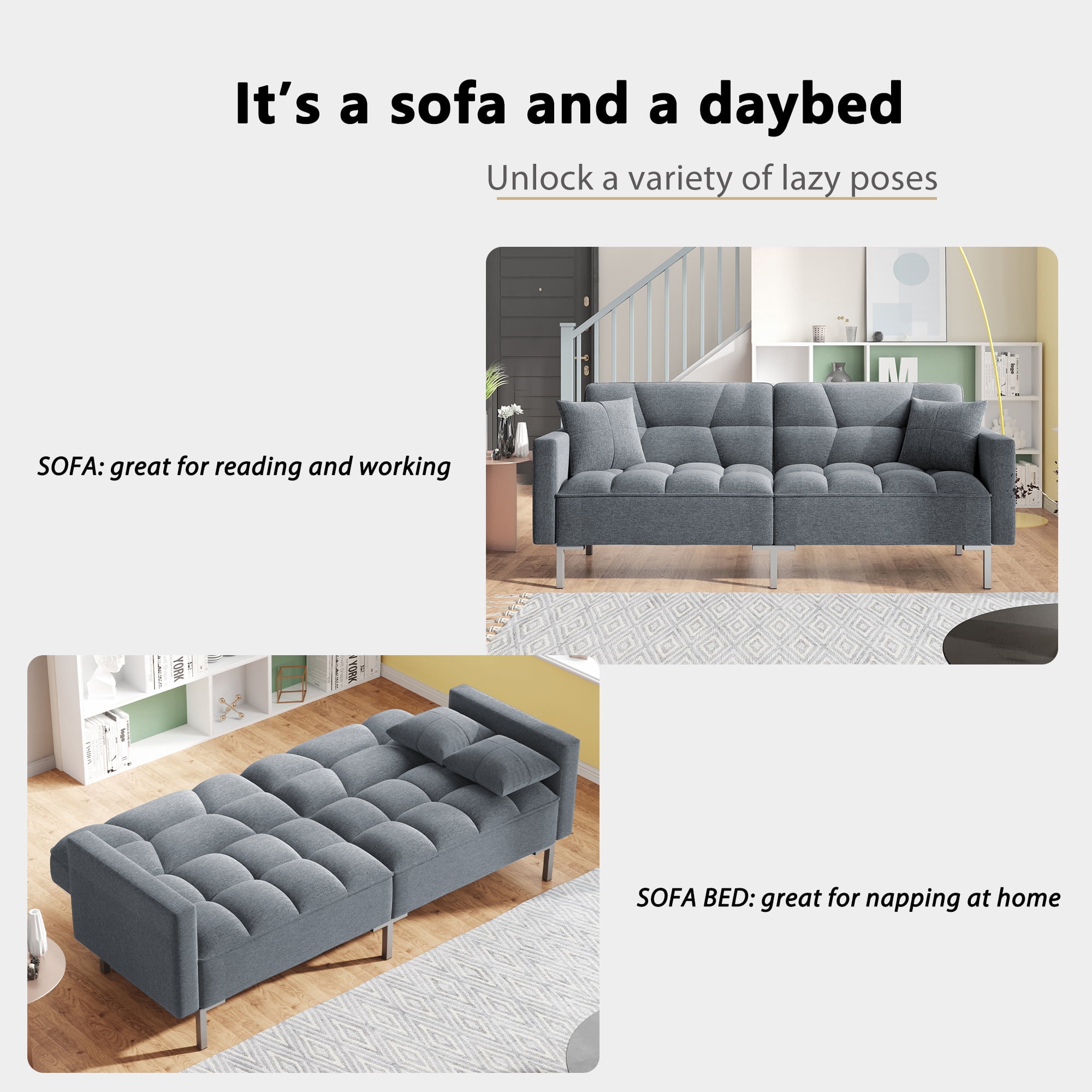 DEALTOPS Upholstered Futon Sofa Bed Sleeper Sofa Couch Convertible Folding Couch Bed Adjustable Recliner Loveseat Sofas for Living Room - Gray