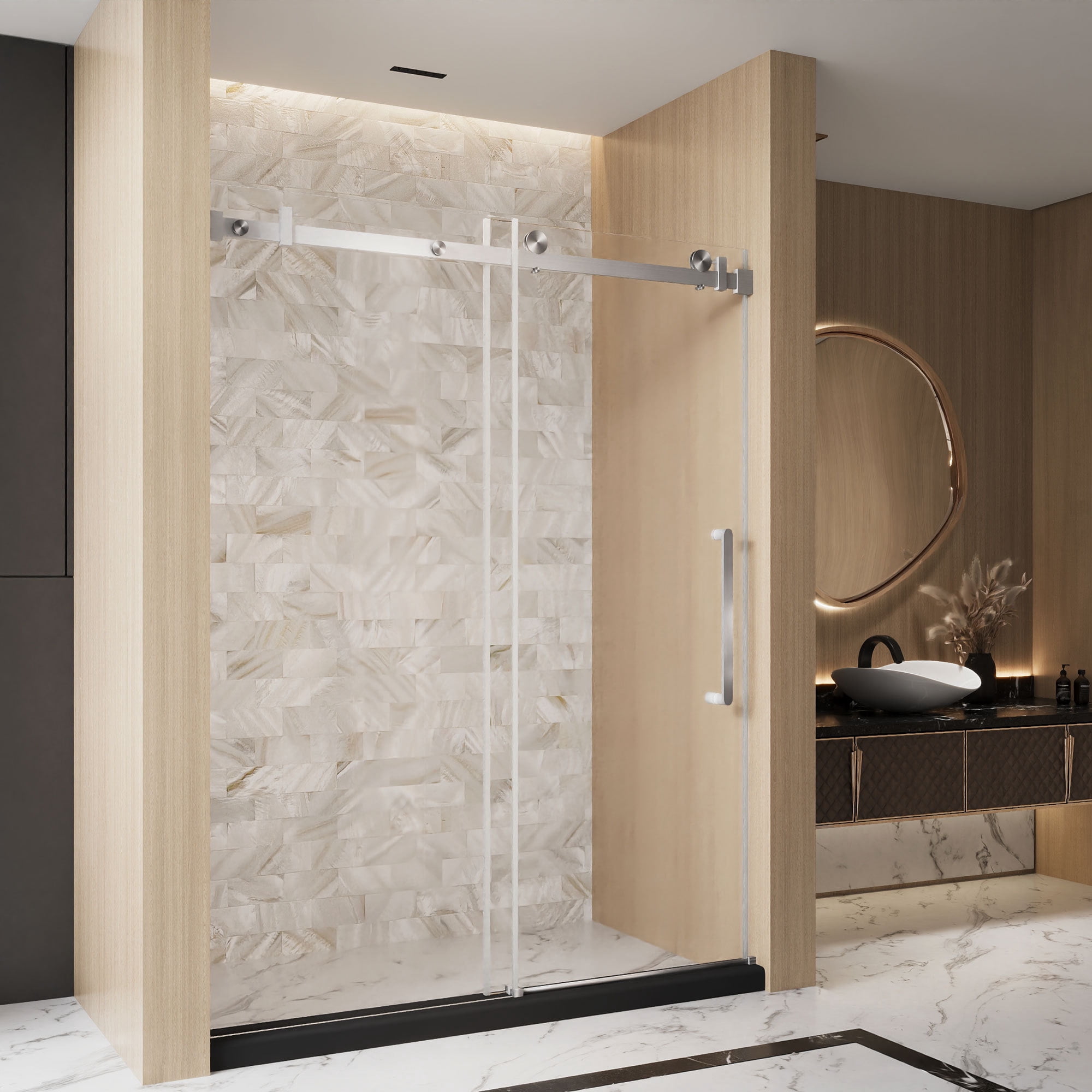Leumius 56-60"W x 76" H Frameless Single Sliding Shower Door, 1/4\" Clear Tempered Glass, Stainless Steel Handle Square Tube Track Shower Door,Brushed Nickel