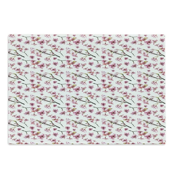 Cherry Blossom Cutting Board, Watercolor Style Oriental Pattern with Sakura Branch, Decorative Tempered Glass Cutting and Serving Board, Large Size, Hot Pink Green Brown, by Ambesonne