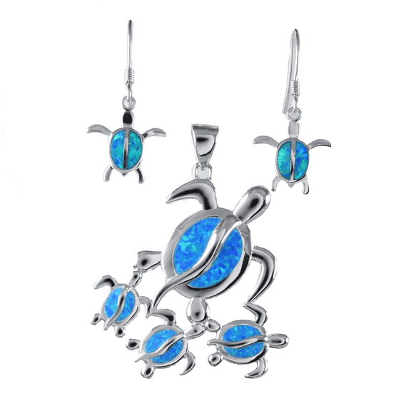 Gorgeous X-Large Mom & 3 Small Sea Turtle Earring and Necklace, Sterling Silver Hawaiian Blue Opal Turtle Family Pendant, N6172SH Mother Gift
