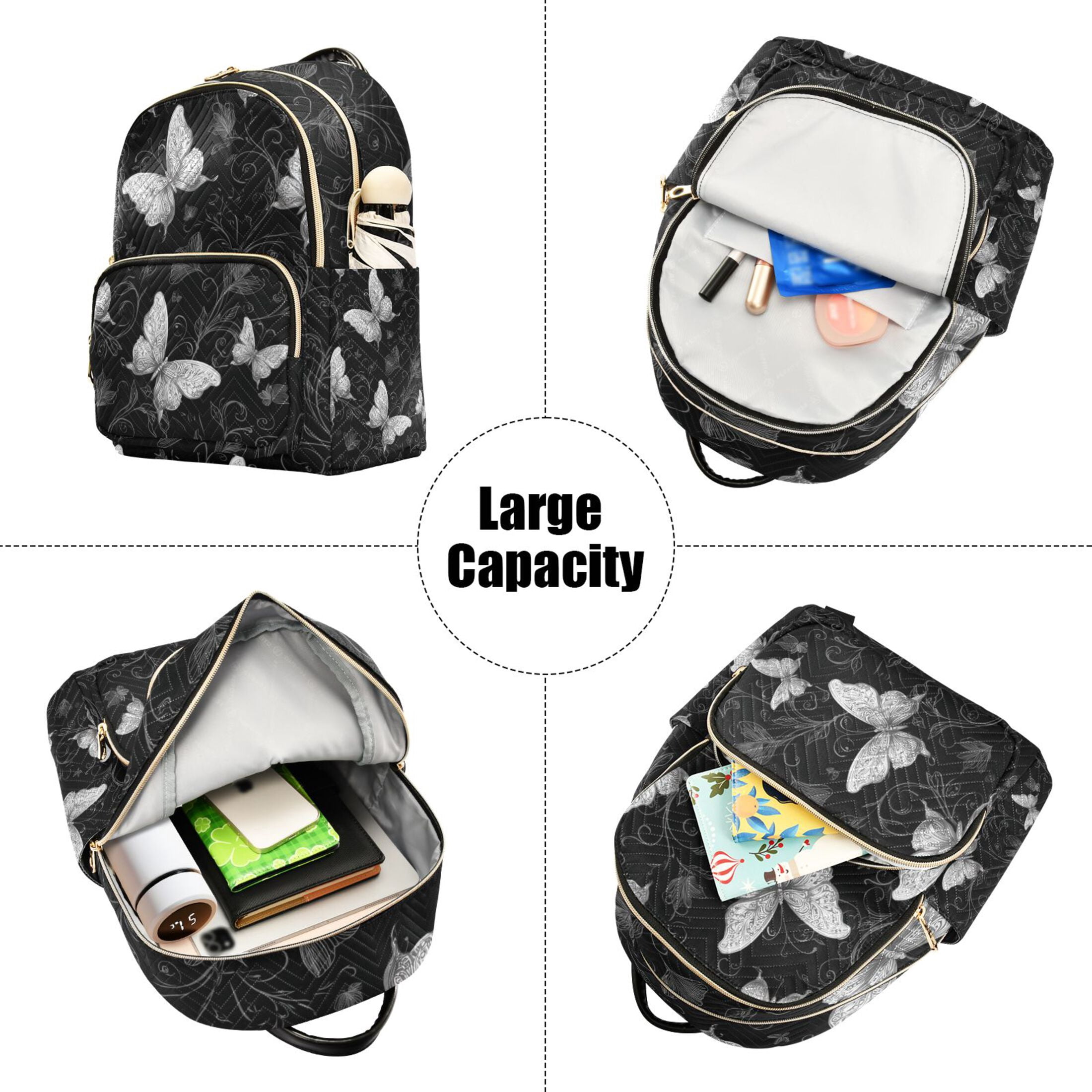 Gray Butterflies Flowers on Black Background Quilted Backpack Fashion Daypack Commuter Bag for Women 14 L