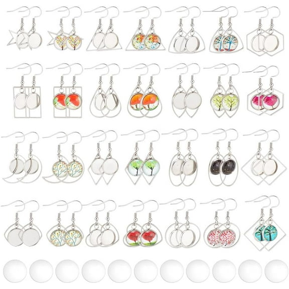 56 Pcs Stainless Steel Blank Cabochon Earrings Include 28 Pcs Glass Cabochons Star Round Moons Teardrop Shape Earring Kit Bezel Trays Dangle Earring for DIY DIY Jewelry Making