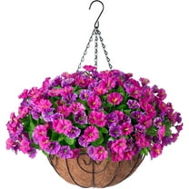 Artificial Hanging Flowers inch Basket, Faux Silk Petunias Flower Arrangement,Coconut Lining Planter with Morning Glories Plants Patio Garden Porch Deck Spring Decor(Lotus and Fuchsia)