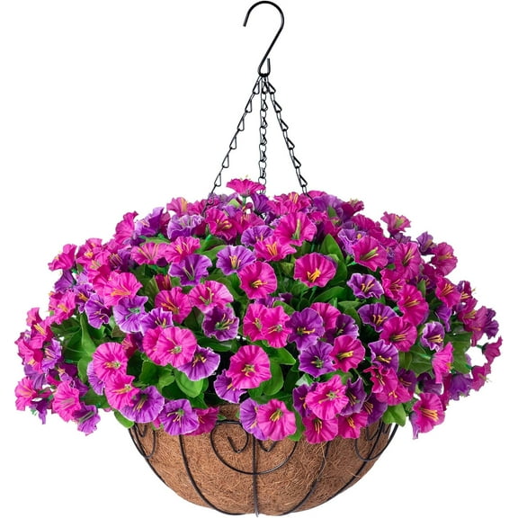 Artificial Hanging Flowers inch Basket, Faux Silk Petunias Flower Arrangement,Coconut Lining Planter with Morning Glories Plants Patio Garden Porch Deck Spring Decor(Lotus and Fuchsia)