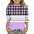 thumbnail image 2 of Girls 3/4 Sleeve Basic T-shirts Fashion Plaid Striped Tshirts Casual Fall Spring Polyester Cotton Tops 3-14 Years (3T, Purple), 2 of 5