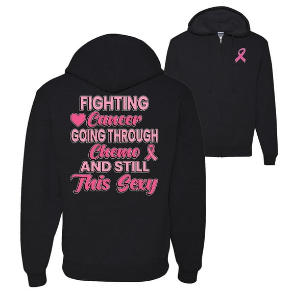 Wild Bobby Breast Cancer Awareness Fighting Cancer And Still Sexy Front and Back Graphic Zip Up Hoodie Sweatshirt, Black, Medium