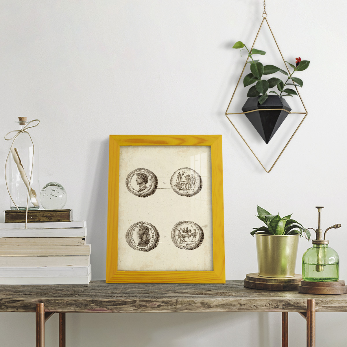 Antique Roman Coins VI -Framed Print w/glass-Sunflower Yellow