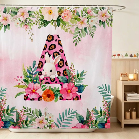 Erosebridal Bunny Shower Curtain 72Wx72L for Girls, Pink Flowers Waterproof Bathroom Curtain