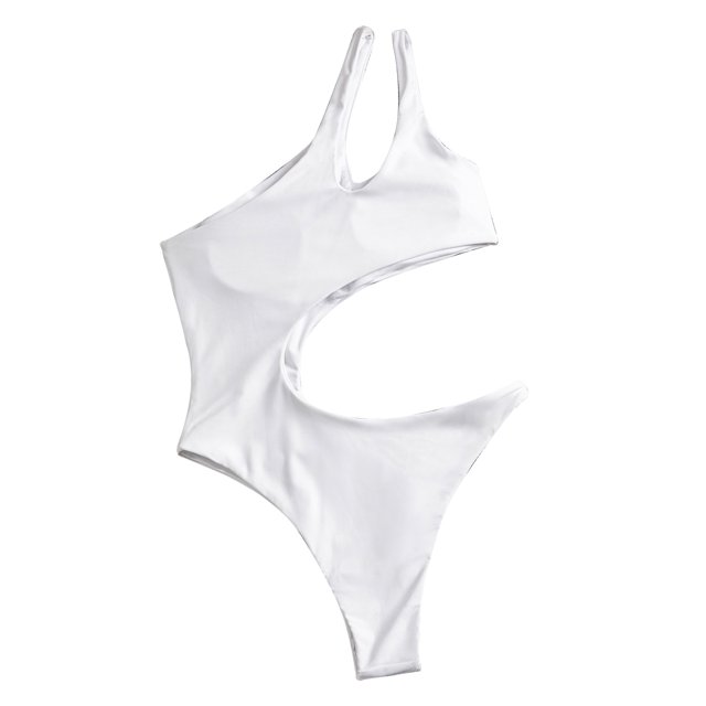 Traje de baño para mujer, un solo hombro, correas dobles, cintura hueca, color puro, estampado floral, bragas asimétricas, trajes de baño de una pieza, blanco S