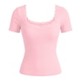 thumbnail image 5 of idosla Women Y2k Short Sleeve Shirt Slim Fit Lace Trim Ribbed T-Shirt Aesthetic Clothes Cute Summer Tee Top for Teen Girls (Pink, XL), 5 of 6