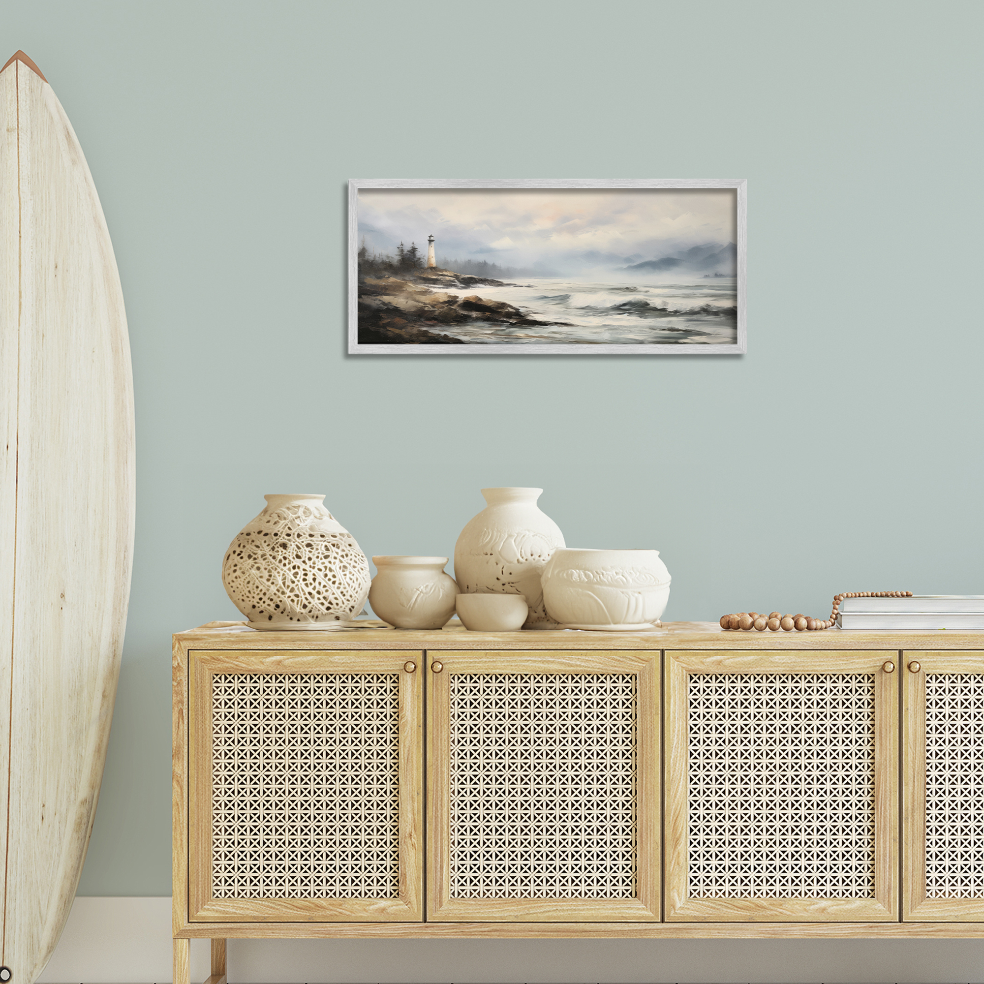 Stupell Industries Coastal Lighthouse Waves Coastal Painting Gray Framed Art Print Wall Art, 30 x 13