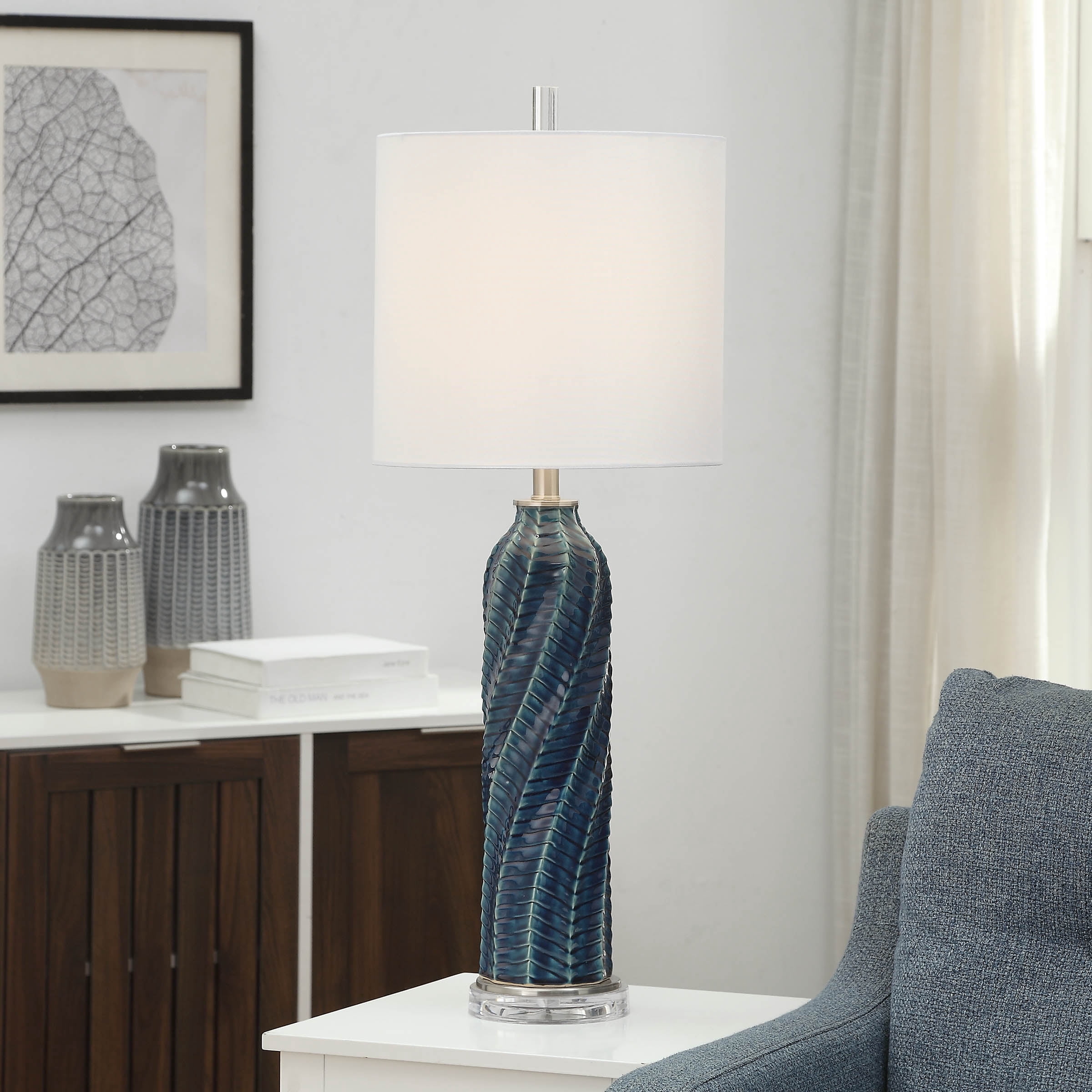 Bay St. Louis Ceramic Swirl Table Lamp - Turquoise Finish - White Fabric Shade