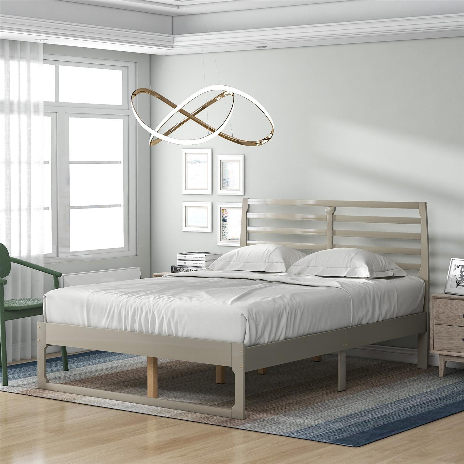 Details about   Contemporary Platform Bed Frame with Headboard and Wooden Slats Beig Full Size 