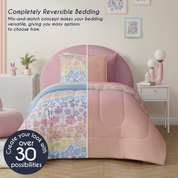Style2 Mix & Match 5-Piece Reversible Bed in a Bag Comforter Set with Sheets, Pink Floral, Twin