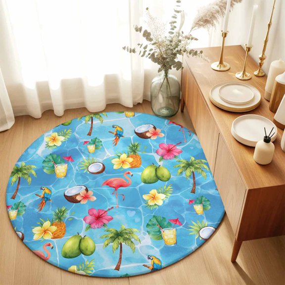 Round Rugs 4Ft, Blue Flamingos Round Area Rug Washable Indoor Throw Carpet, Tropical Summer Botanical Fruits Soft Non Slip Circle Rug for Kitchen Nursery Room Home Decor Aesthetic