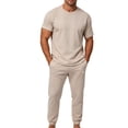 thumbnail image 4 of Matching Travel Outfit Short Sleeve Loose Pants Set Summer Loose Breathable Casual Daily Round Collar Suit Khaki S, 4 of 5