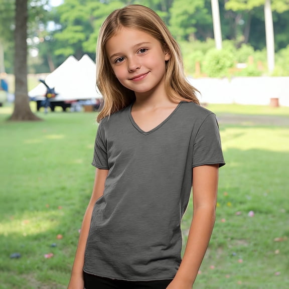 Boys's T-Shirts Casual Solid V Neck Short Sleeve T Shirt Top Color Grey Size 7-8 Years