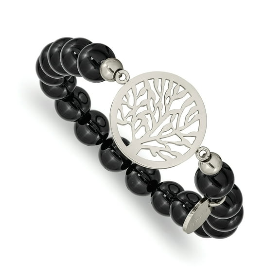 Primal Steel Stainless Steel Polished Tree Of Life Black Agate Beaded Stretch Bracelet