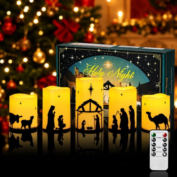 Christmas Nativity Scene Flameless Candles Battery Operated,LED Pillar Candles with Remote & Timer, Safe Religious Decorations for Indoor Mantel Holiday Home Gift,5 Pack