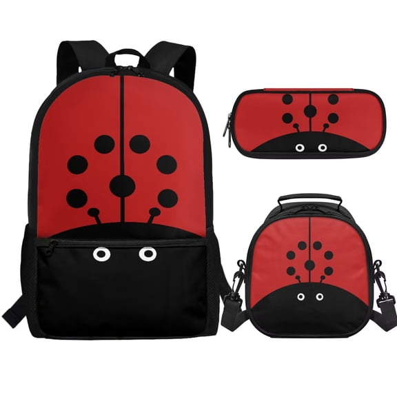 Jeiento Ladybug School Backpack for Girls with Lunch Box Red Elementary Student Bookbag for Kids 8-10/10-12 Lunch Bag Middle Schoolbag Lunchbox Pencil Case Book Bag Set