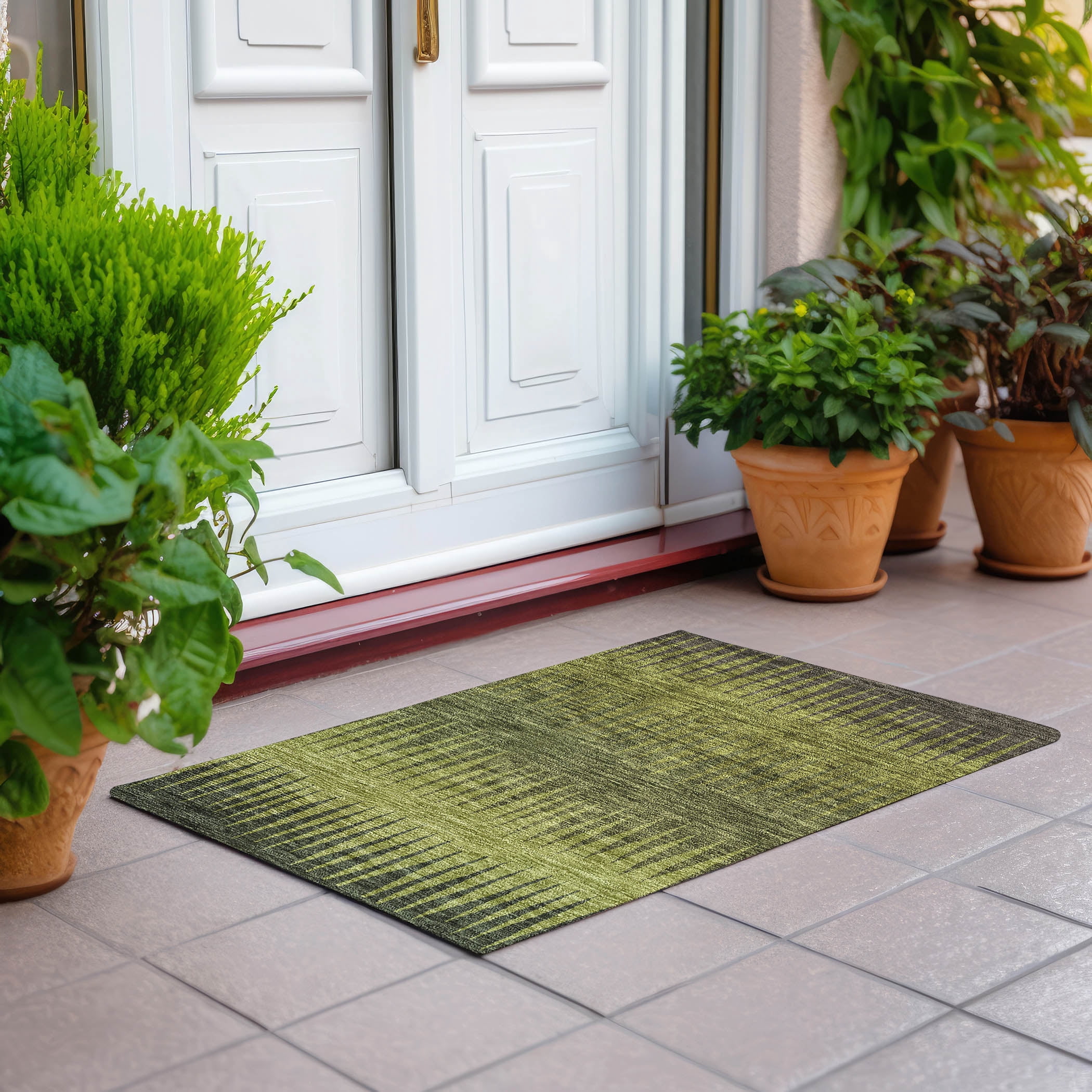 Addison Rugs Chantille Indoor/Outdoor Transitional Stripes Olive Washable Rectangle Rug, 1'8" x 2'6"