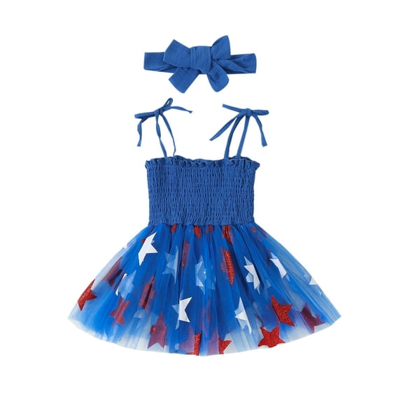 Licupiee Newborn 4th Of July Baby Girl Outfits Sleeveless Romper Smocked Dress Star Ruffle Tulle Tutu Headband American Flag Clothes
